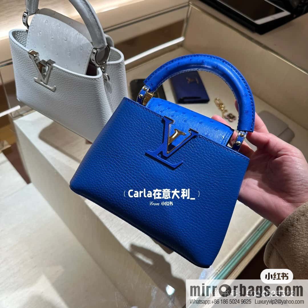 [Boutique‑grade] M81409 blue ostrich, full leather cap that English series Capucines mini handbag