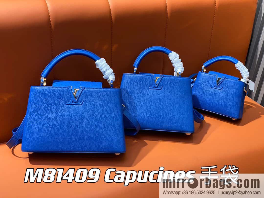 [Boutique‑grade] M81409 blue ostrich, full leather cap that English series Capucines mini handbag