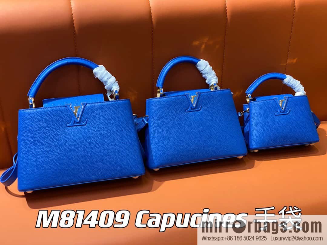 [Boutique‑grade] M81409 blue ostrich, full leather cap that English series Capucines mini handbag