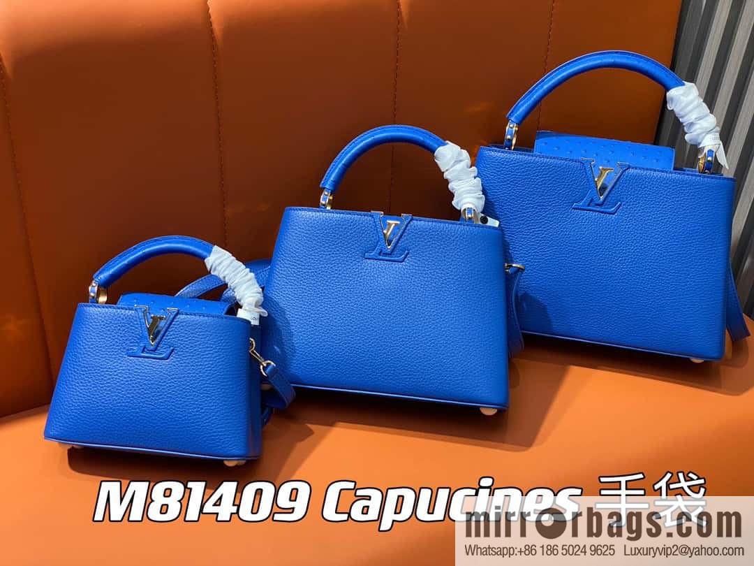 [Boutique‑grade] M81409 blue ostrich, full leather cap that English series Capucines mini handbag