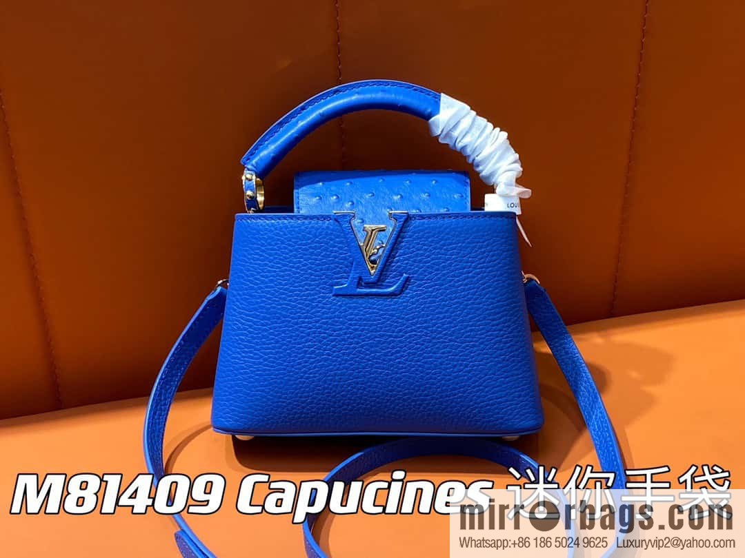 [Boutique‑grade] M81409 blue ostrich, full leather cap that English series Capucines mini handbag