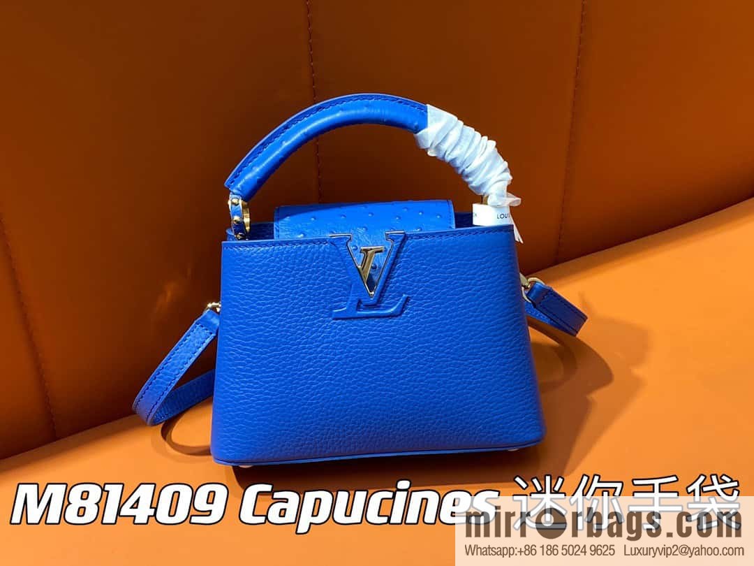 [Boutique‑grade] M81409 blue ostrich, full leather cap that English series Capucines mini handbag