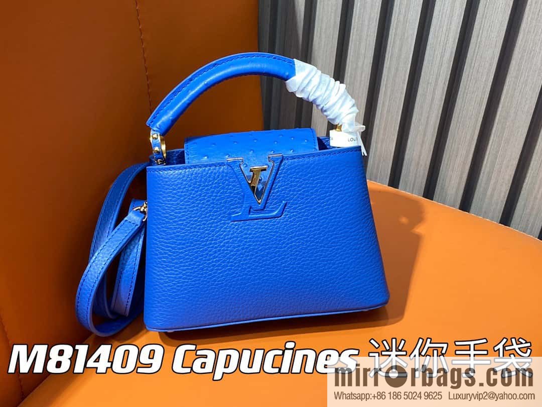 [Boutique‑grade] M81409 blue ostrich, full leather cap that English series Capucines mini handbag