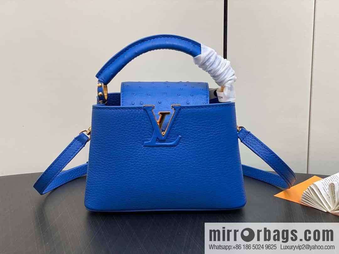 [Boutique‑grade] M81409 blue ostrich, full leather cap that English series Capucines mini handbag