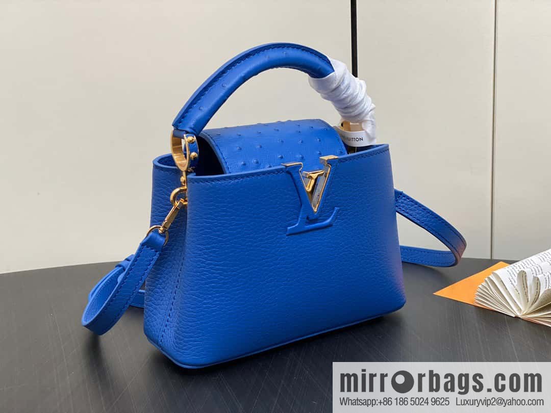 [Boutique‑grade] M81409 blue ostrich, full leather cap that English series Capucines mini handbag