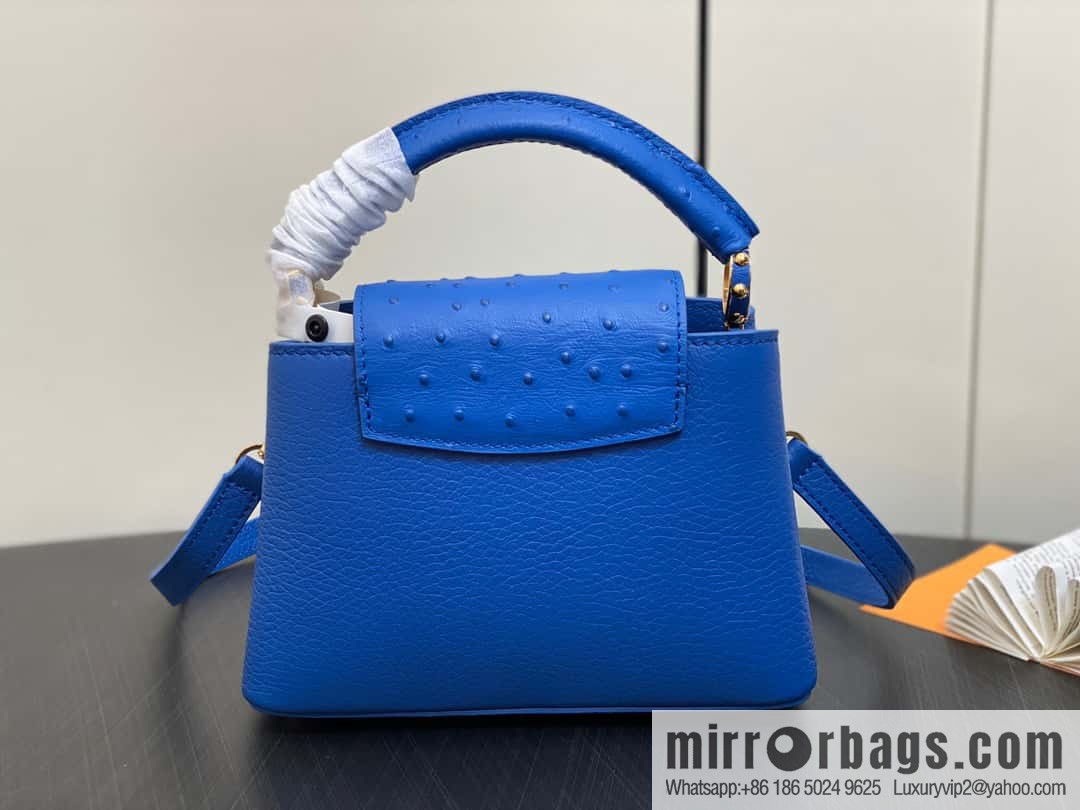 [Boutique‑grade] M81409 blue ostrich, full leather cap that English series Capucines mini handbag