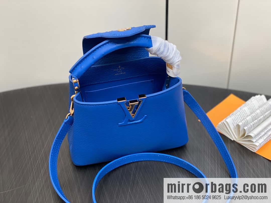 [Boutique‑grade] M81409 blue ostrich, full leather cap that English series Capucines mini handbag