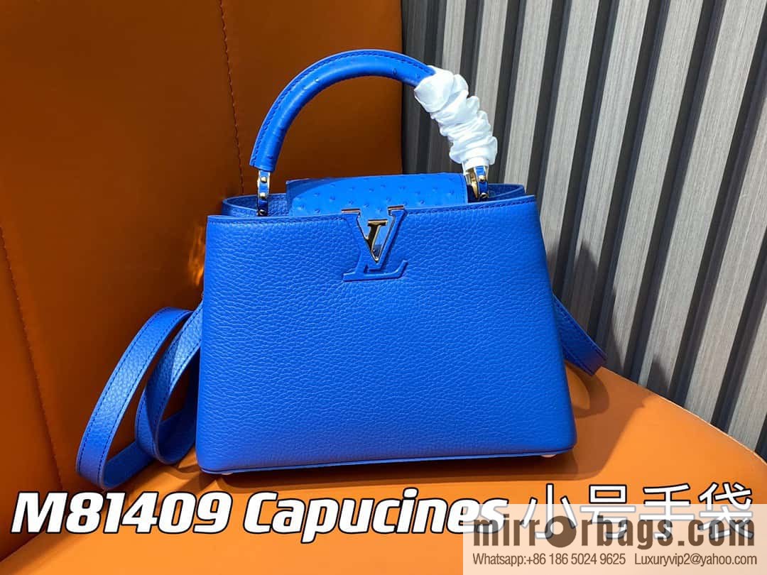 [Boutique‑grade] M81409 blue ostrich, full leather cap that English series Capucines small handbag