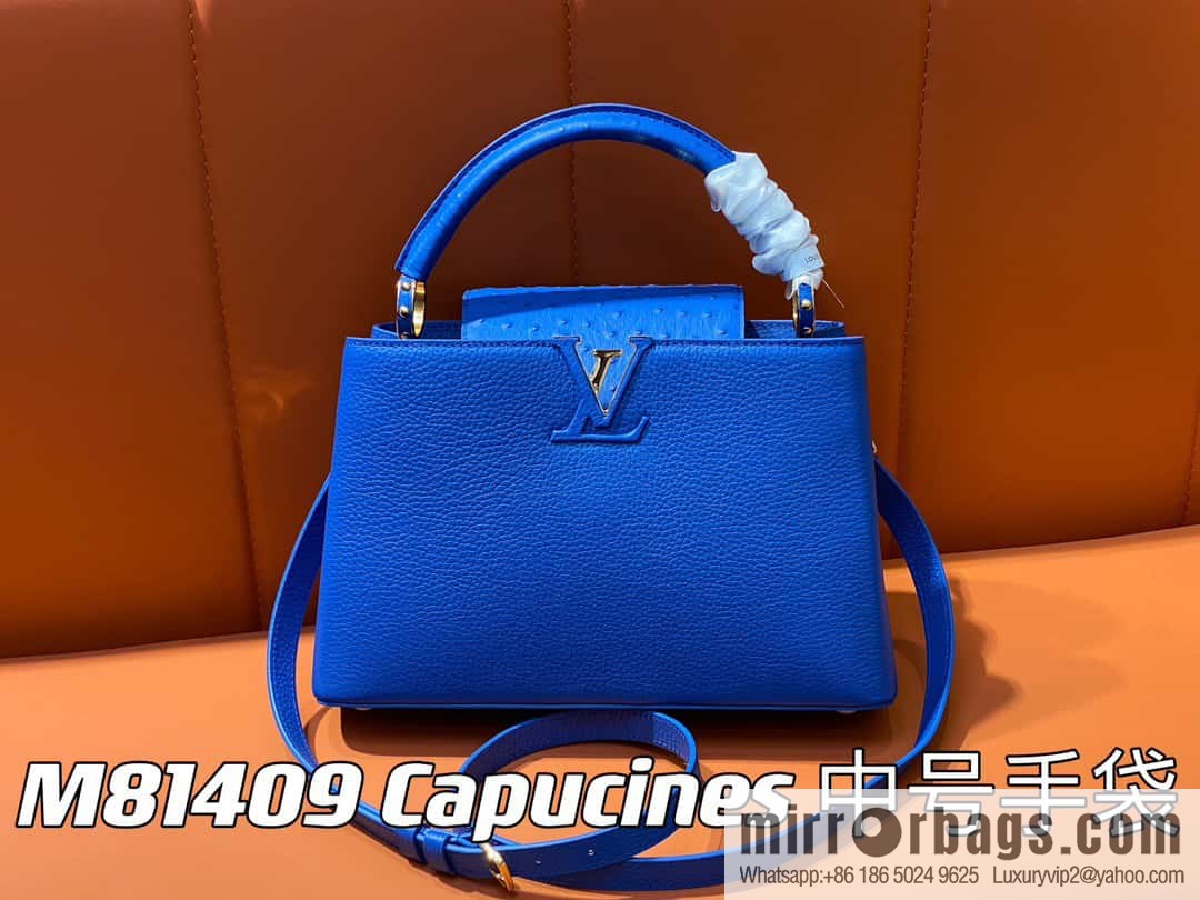 [Boutique‑grade] M81409 blue ostrich, full leather cap that English series Capucines medium handbag