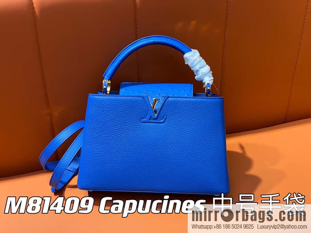 [Boutique‑grade] M81409 blue ostrich, full leather cap that English series Capucines medium handbag