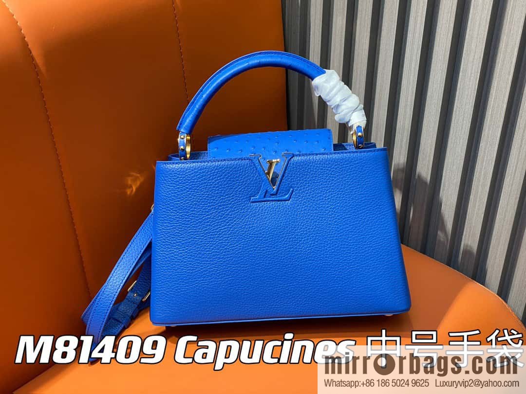 [Boutique‑grade] M81409 blue ostrich, full leather cap that English series Capucines medium handbag