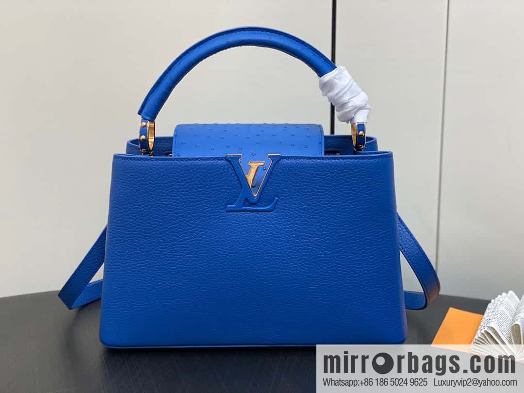 [Boutique‑grade] M81409 blue ostrich, full leather cap that English series Capucines medium handbag