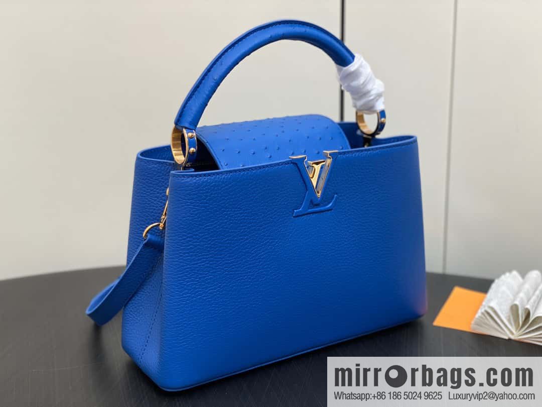 [Boutique‑grade] M81409 blue ostrich, full leather cap that English series Capucines medium handbag