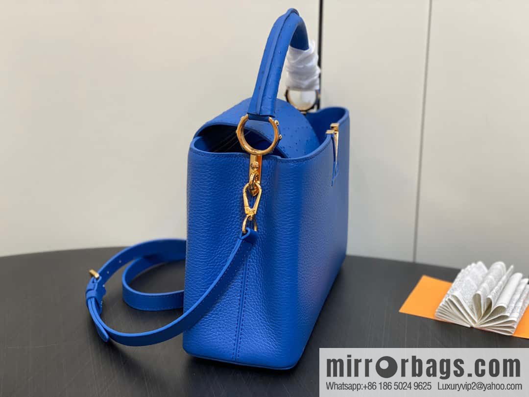 [Boutique‑grade] M81409 blue ostrich, full leather cap that English series Capucines medium handbag