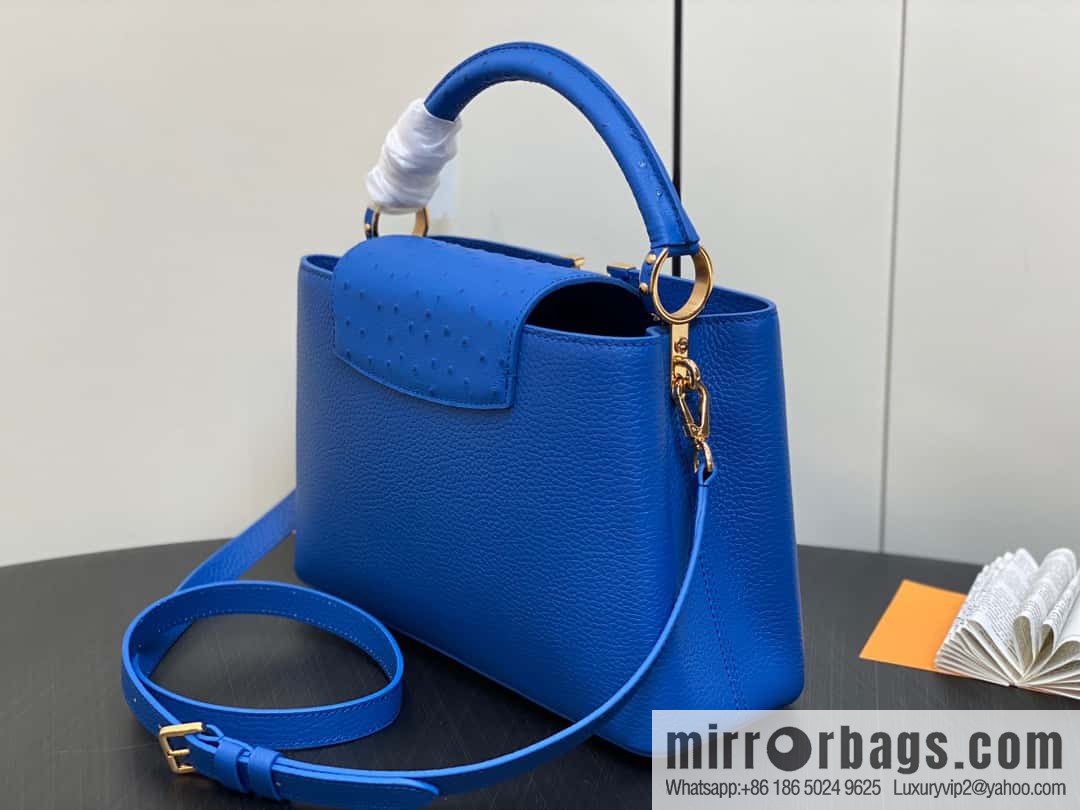 [Boutique‑grade] M81409 blue ostrich, full leather cap that English series Capucines medium handbag