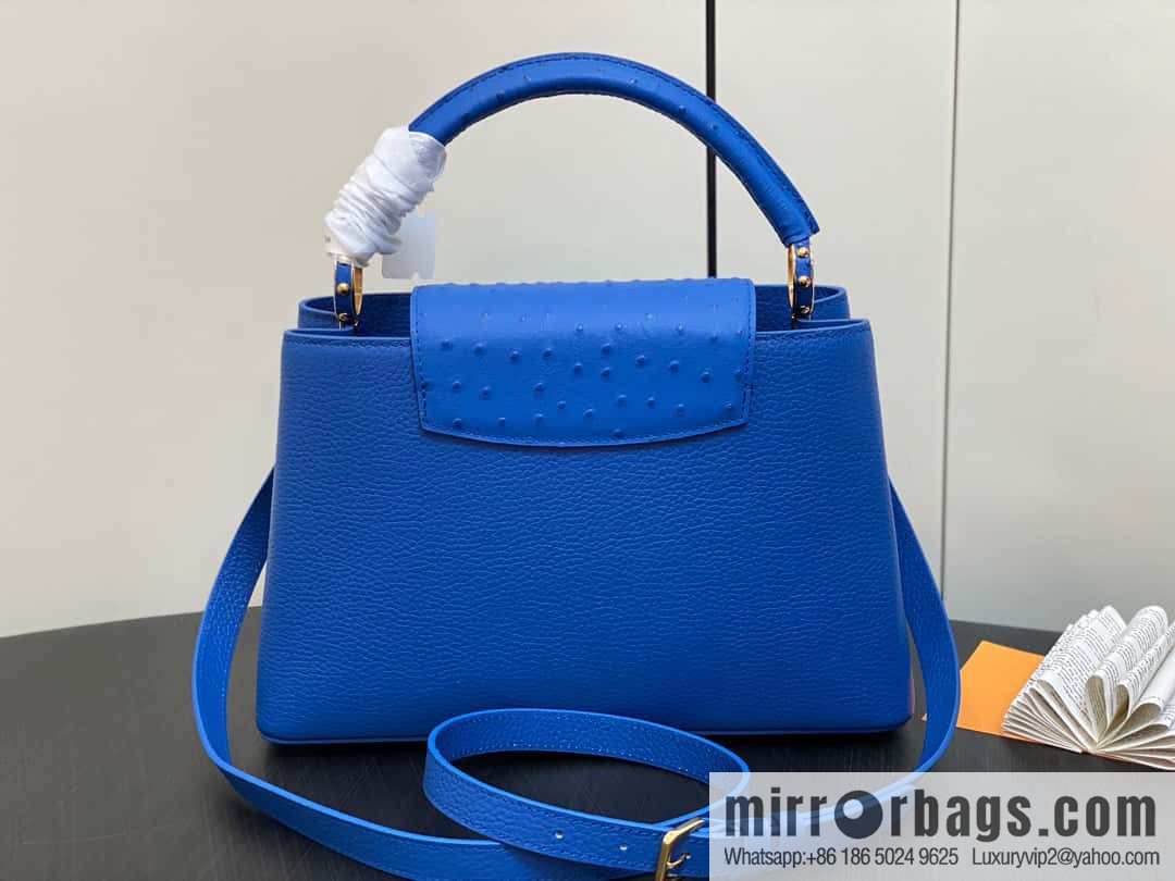 [Boutique‑grade] M81409 blue ostrich, full leather cap that English series Capucines medium handbag