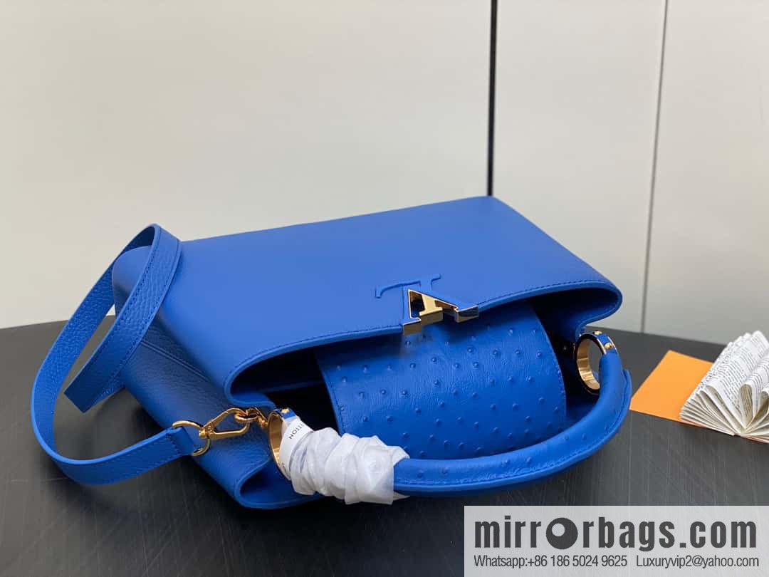 [Boutique‑grade] M81409 blue ostrich, full leather cap that English series Capucines medium handbag