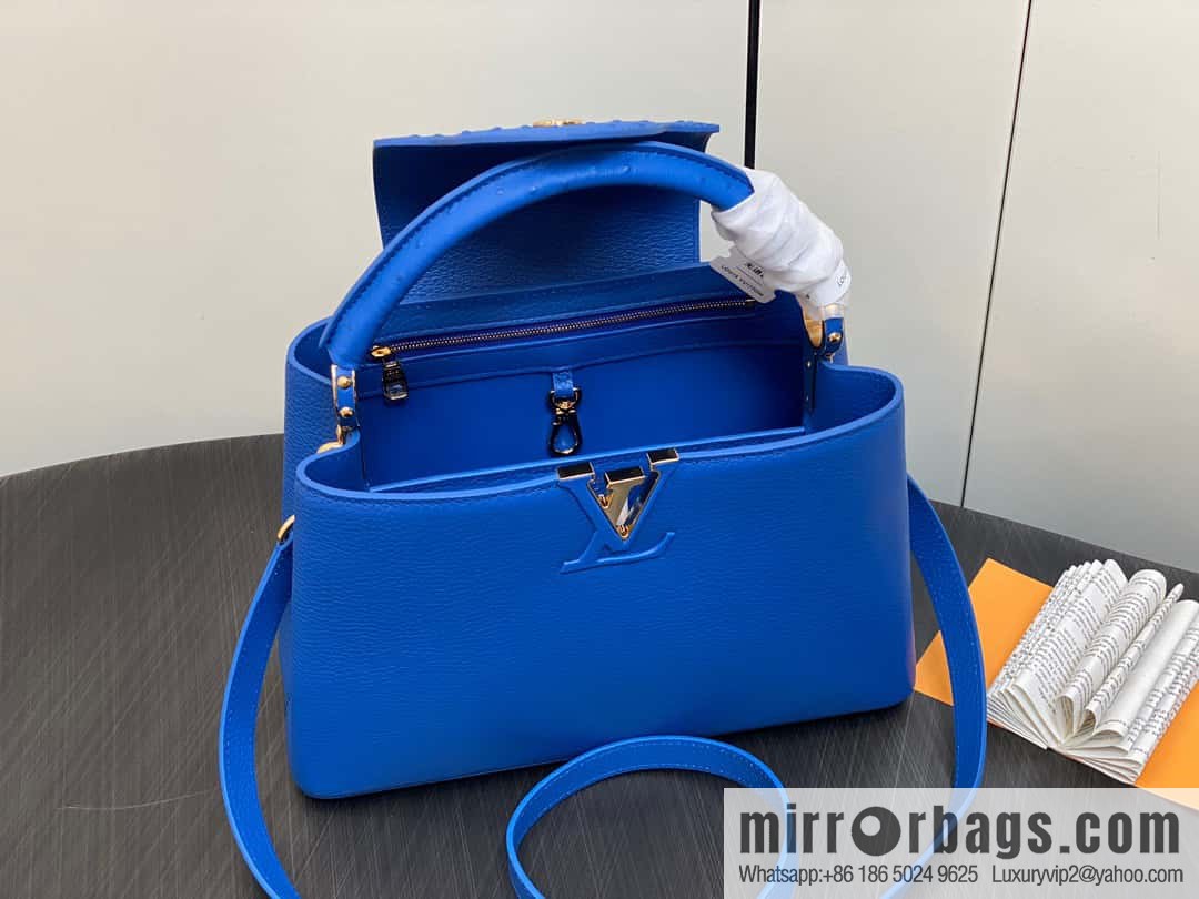[Boutique‑grade] M81409 blue ostrich, full leather cap that English series Capucines medium handbag