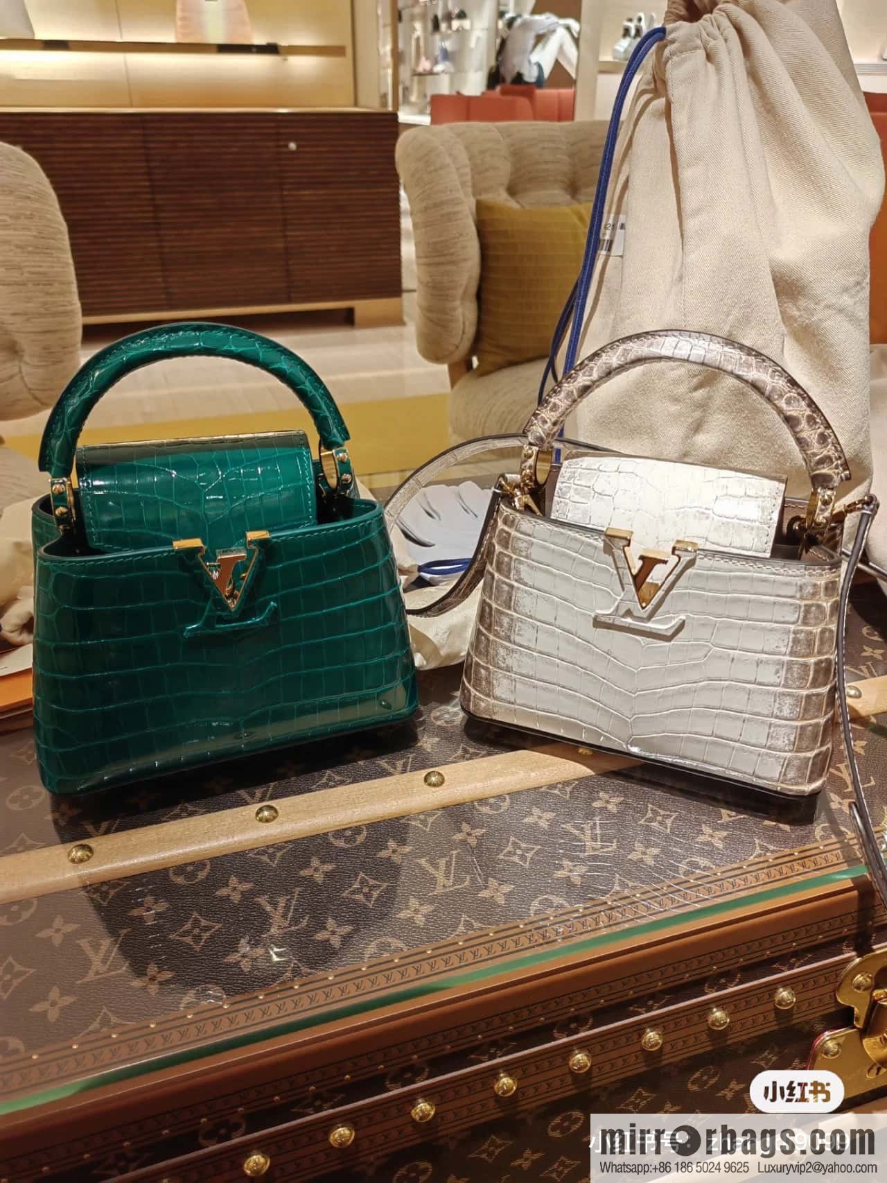 [Boutique‑grade] M48865 green, crocodile pattern full leather cap that English series Capucines BB handbag