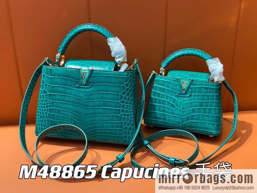 [Boutique‑grade] M48865 green, crocodile pattern full leather cap that English series Capucines mini handbag