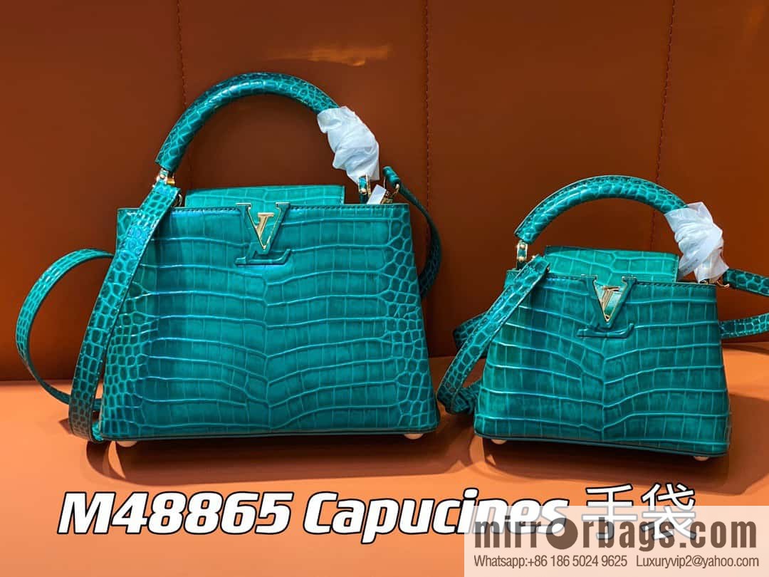[Boutique‑grade] M48865 green, crocodile pattern full leather cap that English series Capucines mini handbag