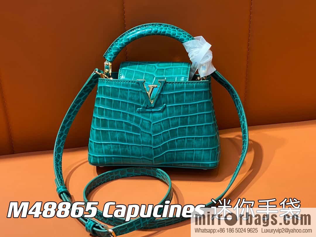 [Boutique‑grade] M48865 green, crocodile pattern full leather cap that English series Capucines mini handbag