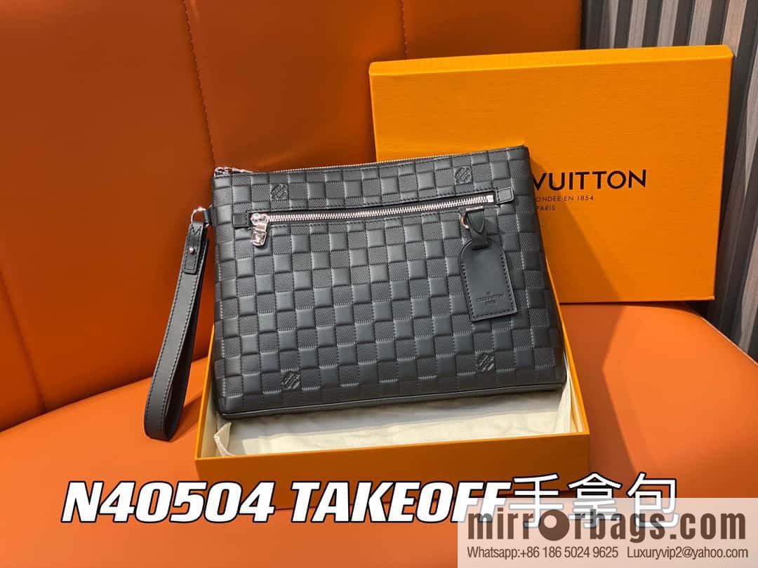 [Premium‑quality] N40504 black full leather pressing grid, clutch bag series TAKEOFF clutch bag
