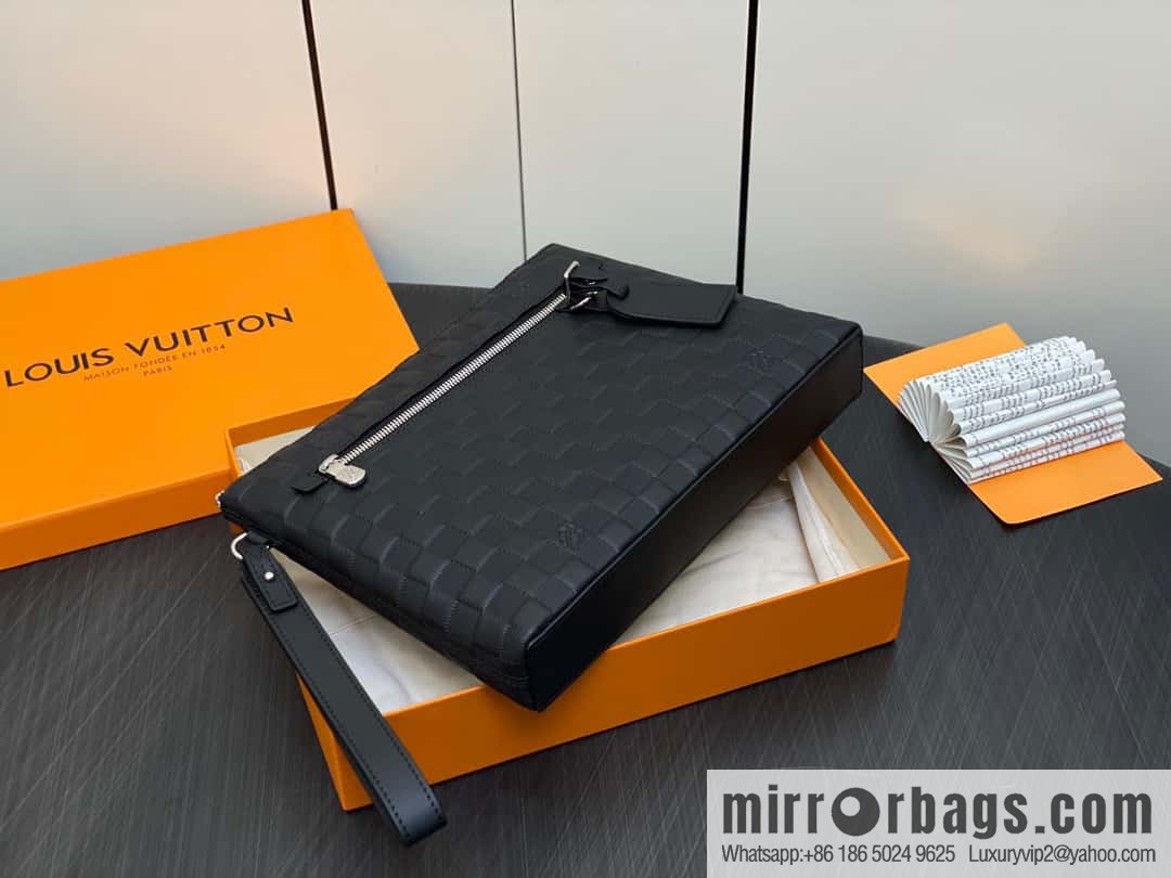 [Premium‑quality] N40504 black full leather pressing grid, clutch bag series TAKEOFF clutch bag