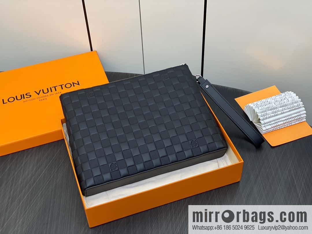 [Premium‑quality] N40504 black full leather pressing grid, clutch bag series TAKEOFF clutch bag