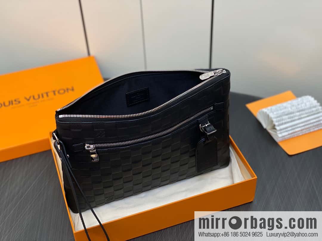 [Premium‑quality] N40504 black full leather pressing grid, clutch bag series TAKEOFF clutch bag