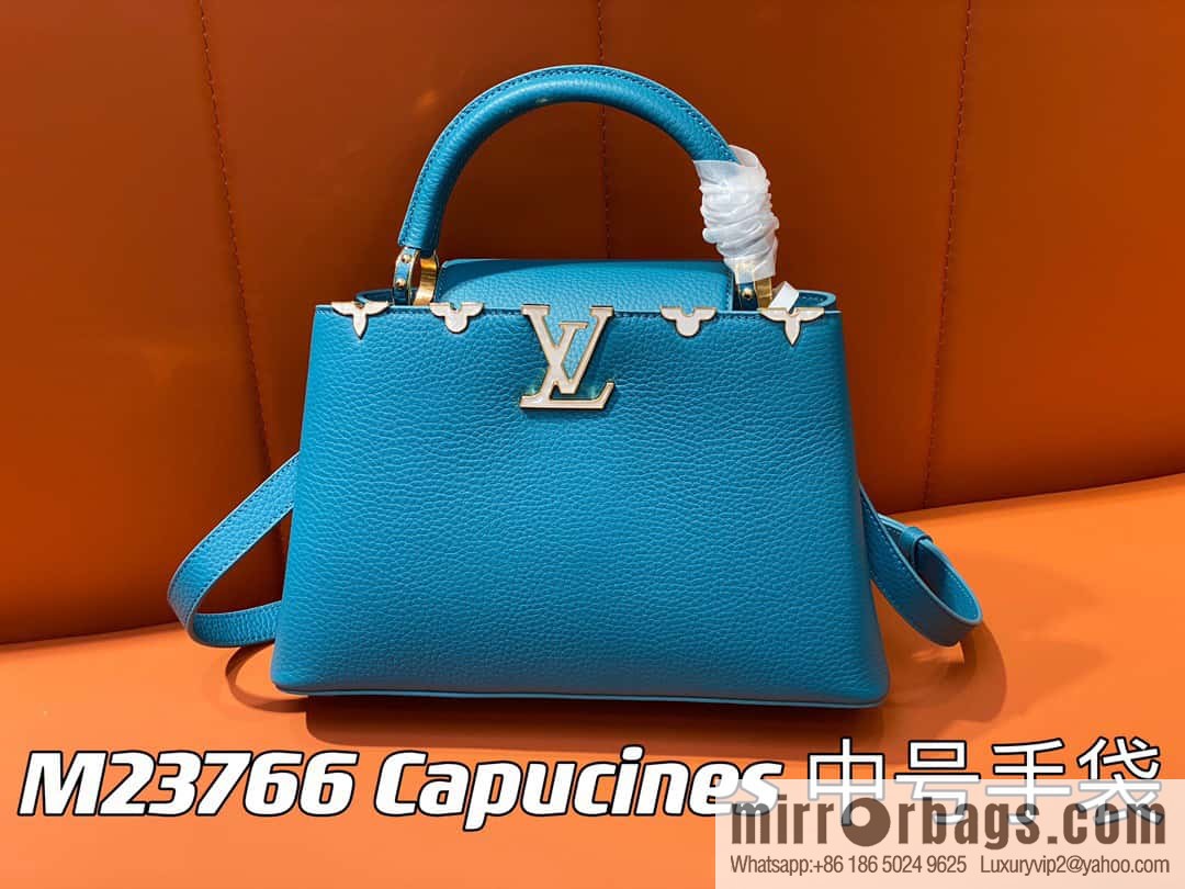 [Boutique‑grade] M23766 blue flower crown, full leather cap, that English series Capucines medium handbag