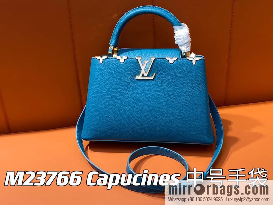 [Boutique‑grade] M23766 blue flower crown, full leather cap, that English series Capucines medium handbag