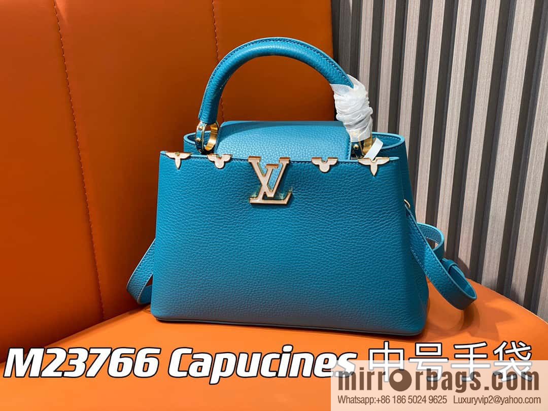 [Boutique‑grade] M23766 blue flower crown, full leather cap, that English series Capucines medium handbag