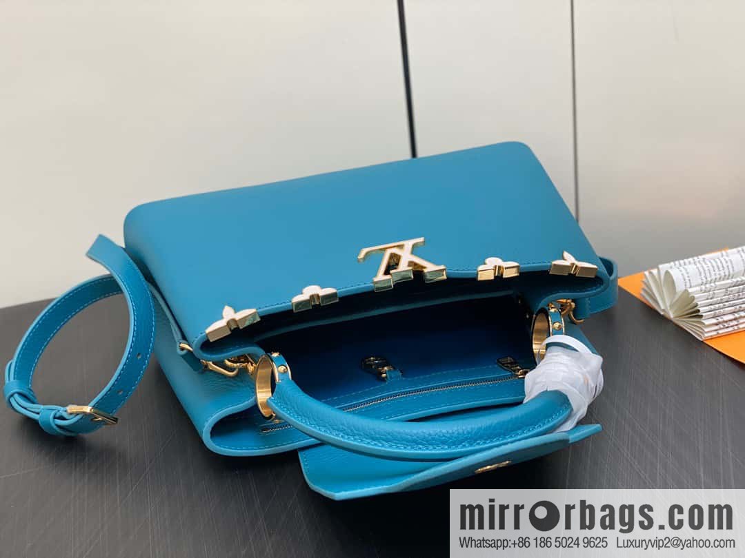 [Boutique‑grade] M23766 blue flower crown, full leather cap, that English series Capucines medium handbag