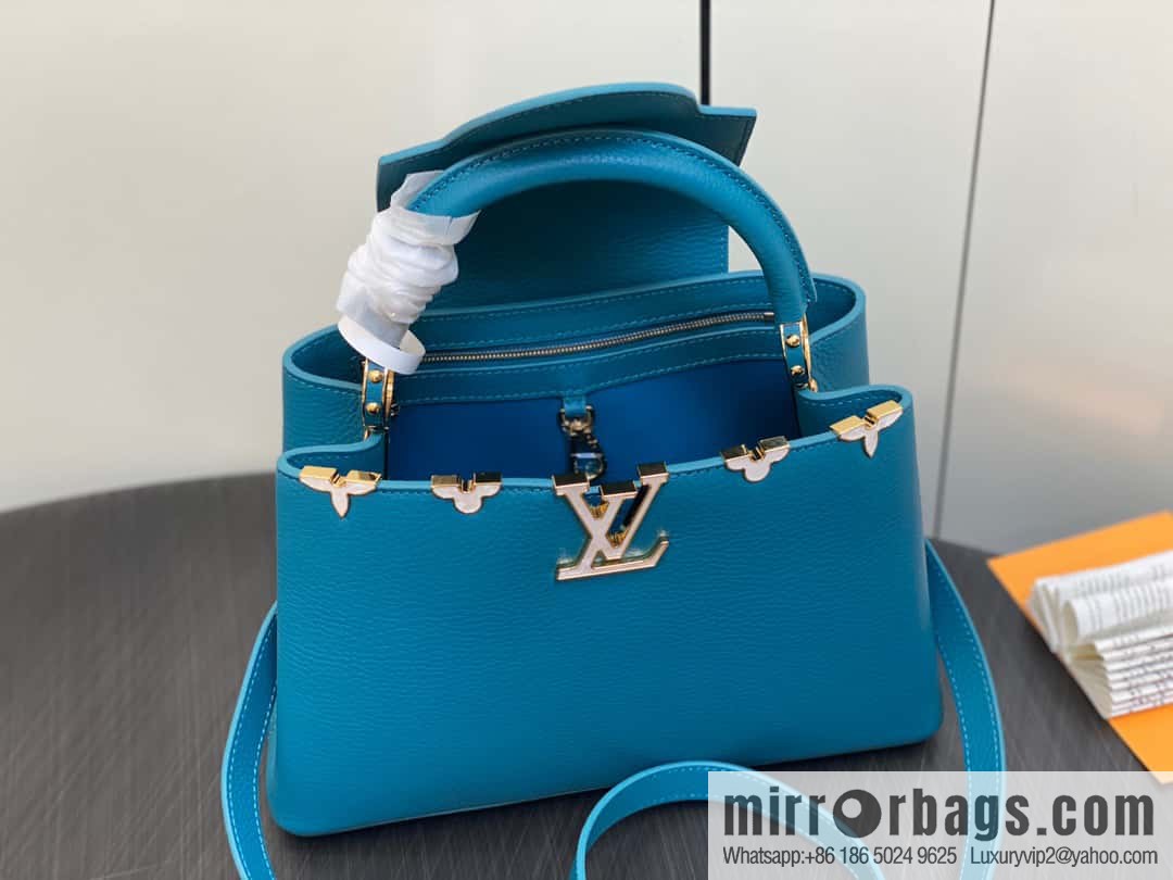 [Boutique‑grade] M23766 blue flower crown, full leather cap, that English series Capucines medium handbag