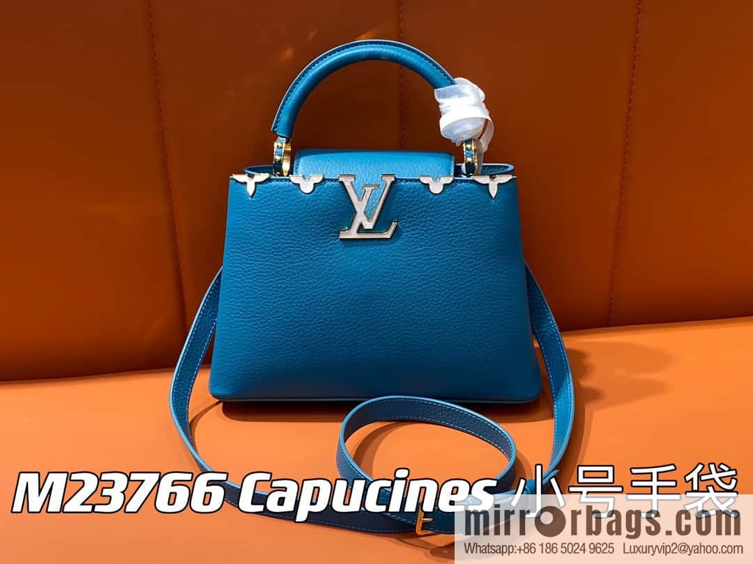 [Boutique‑grade] M23766 blue flower crown, full leather cap that English series Capucines small handbag
