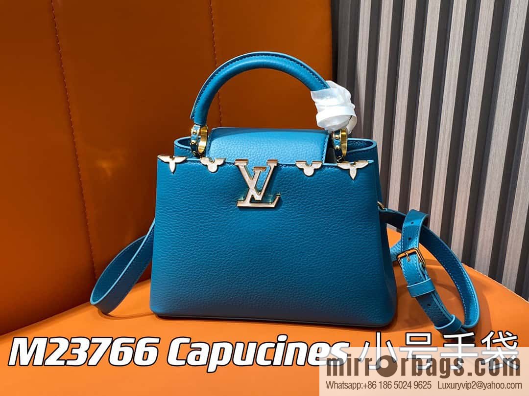 [Boutique‑grade] M23766 blue flower crown, full leather cap that English series Capucines small handbag
