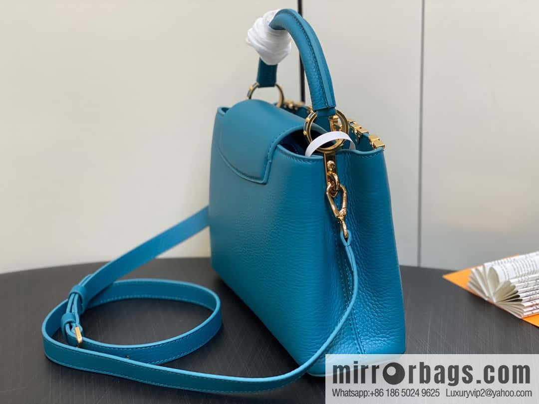 [Boutique‑grade] M23766 blue flower crown, full leather cap that English series Capucines small handbag