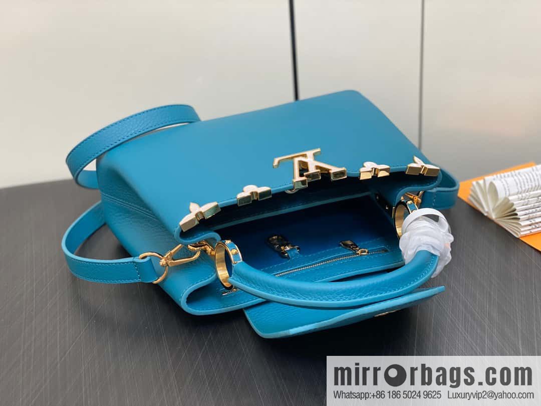 [Boutique‑grade] M23766 blue flower crown, full leather cap that English series Capucines small handbag