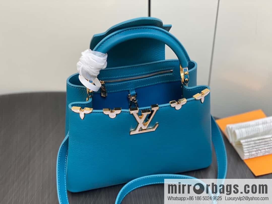 [Boutique‑grade] M23766 blue flower crown, full leather cap that English series Capucines small handbag