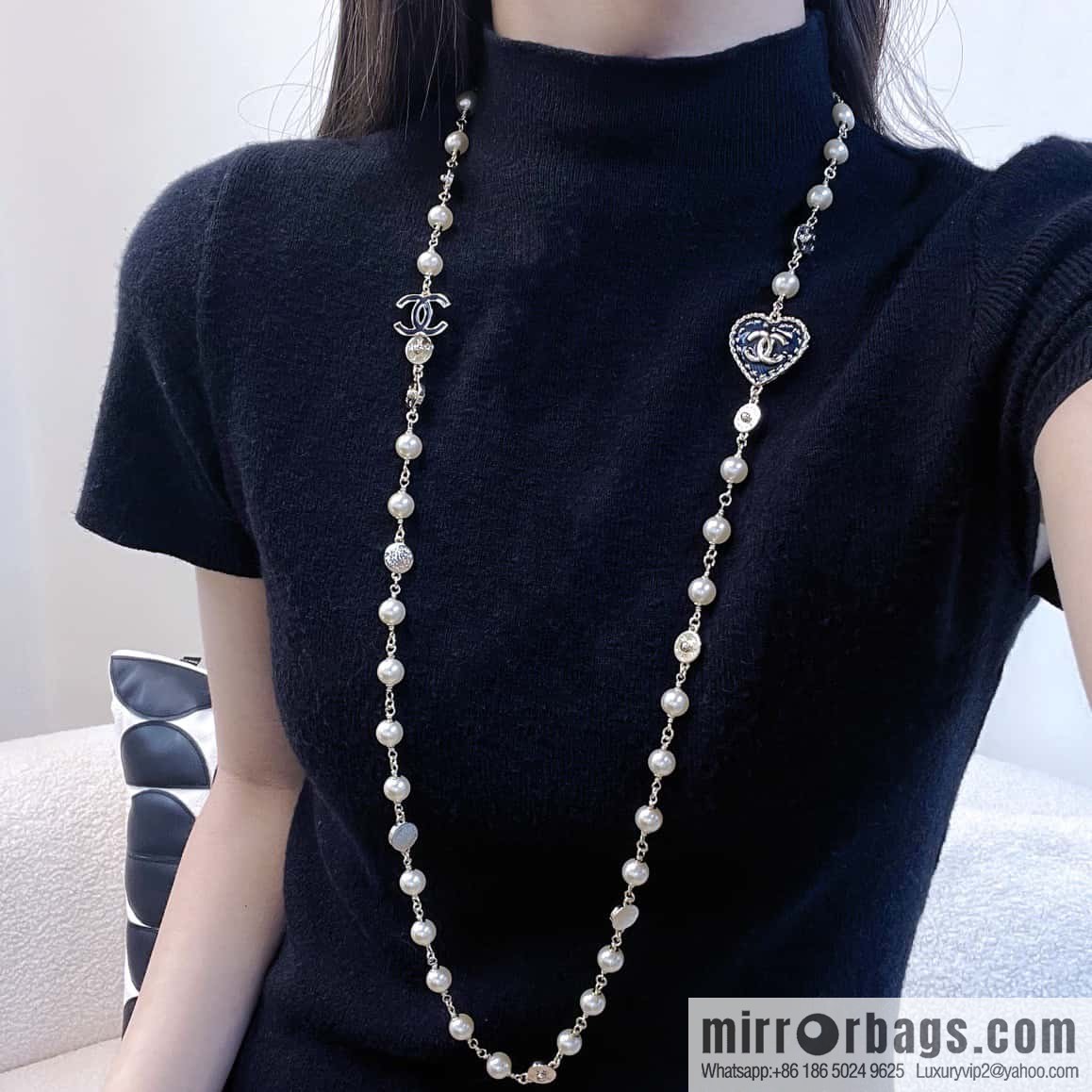 ❗️New ❗️☀️ New ☑️ Chanel Double C Denim Peach Heart Love Pearl Necklace Sweater Chain ☀️