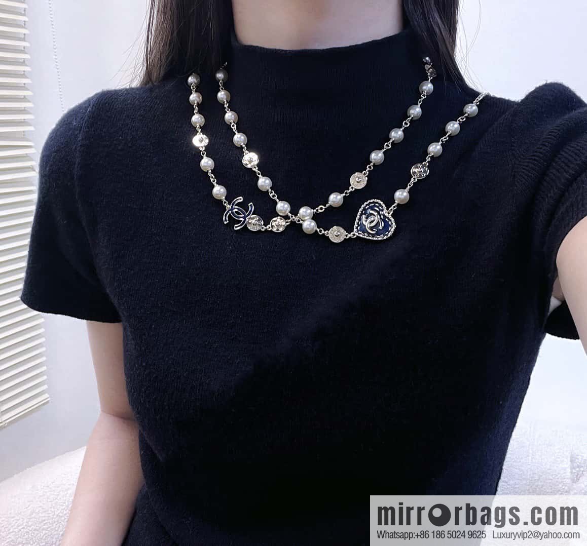 ❗️New ❗️☀️ New ☑️ Chanel Double C Denim Peach Heart Love Pearl Necklace Sweater Chain ☀️