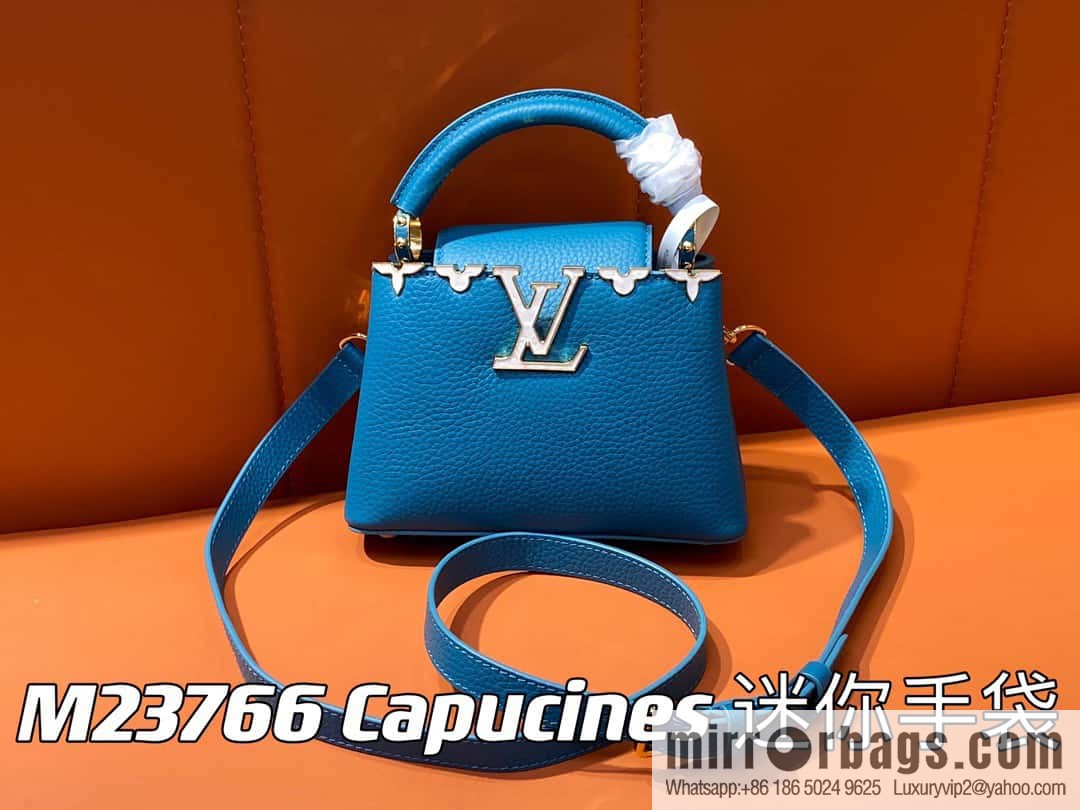 [Boutique‑grade] M23766 blue flower crown, full leather cap, that English series Capucines mini handbag, this Capucines Flower Crown handbag