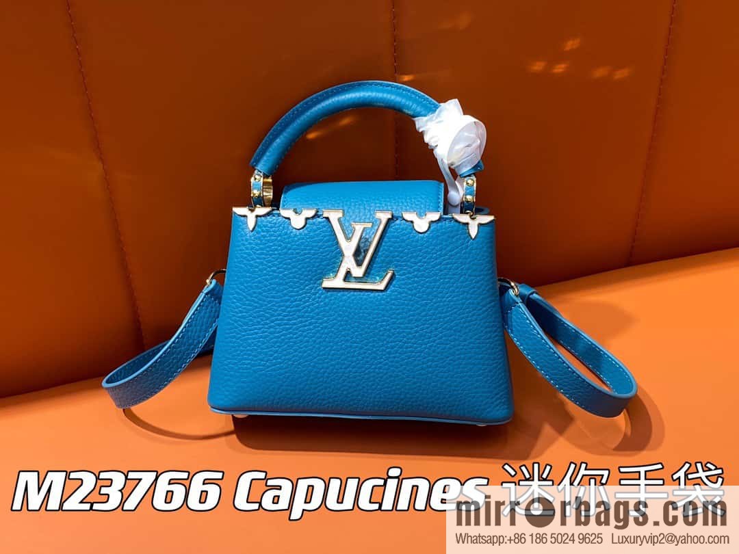 [Boutique‑grade] M23766 blue flower crown, full leather cap, that English series Capucines mini handbag, this Capucines Flower Crown handbag