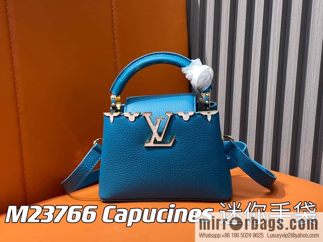 [Boutique‑grade] M23766 blue flower crown, full leather cap, that English series Capucines mini handbag, this Capucines Flower Crown handbag