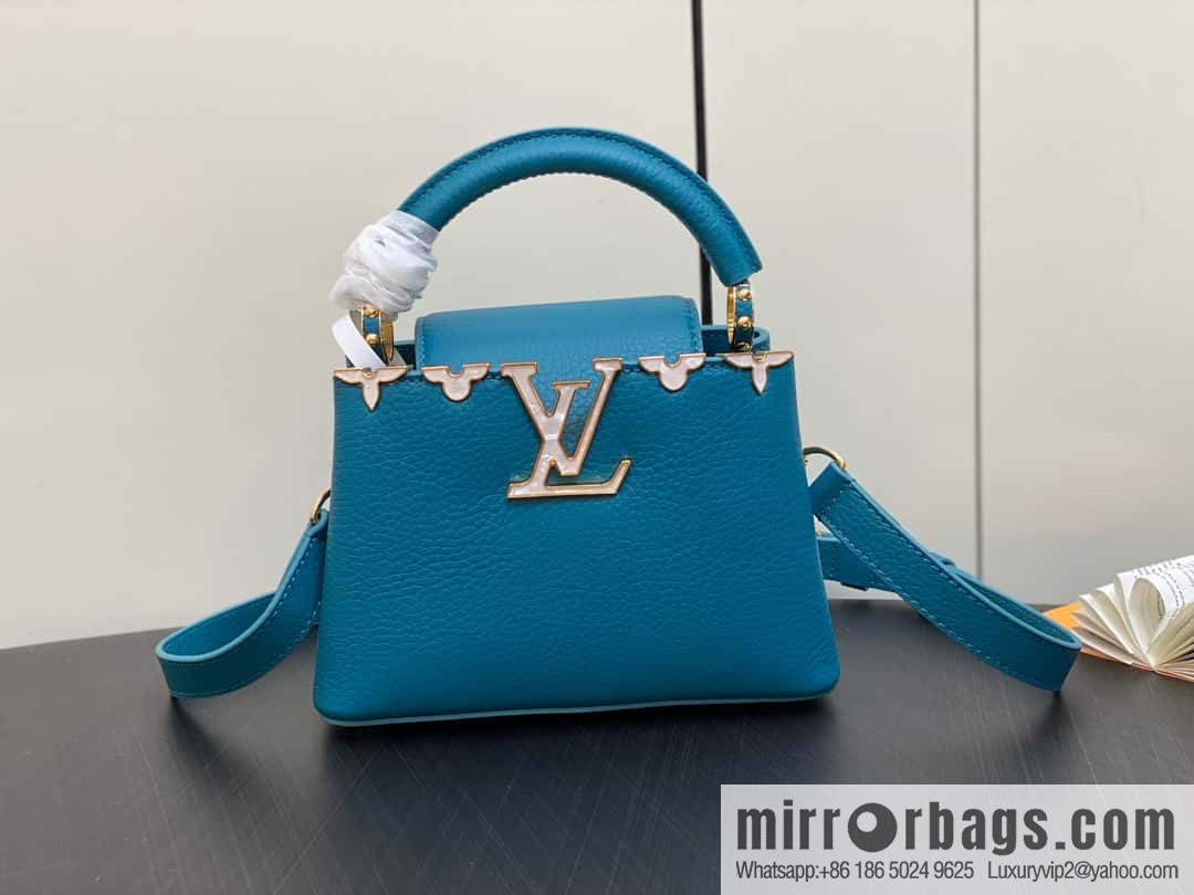 [Boutique‑grade] M23766 blue flower crown, full leather cap, that English series Capucines mini handbag, this Capucines Flower Crown handbag