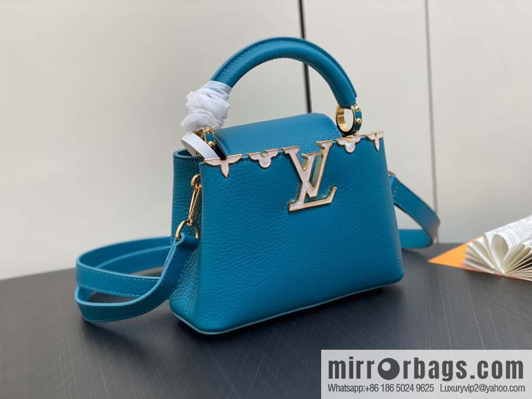 [Boutique‑grade] M23766 blue flower crown, full leather cap, that English series Capucines mini handbag, this Capucines Flower Crown handbag