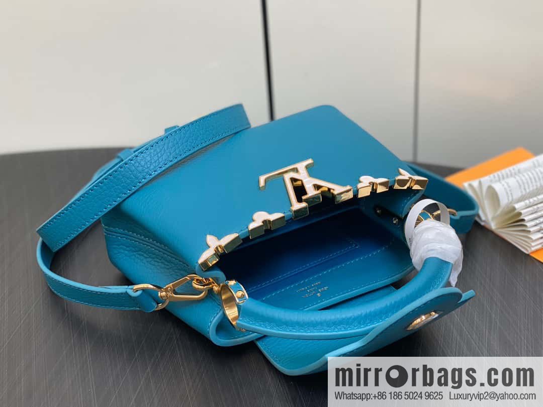 [Boutique‑grade] M23766 blue flower crown, full leather cap, that English series Capucines mini handbag, this Capucines Flower Crown handbag