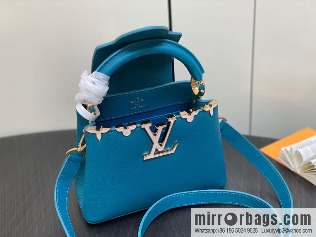 [Boutique‑grade] M23766 blue flower crown, full leather cap, that English series Capucines mini handbag, this Capucines Flower Crown handbag