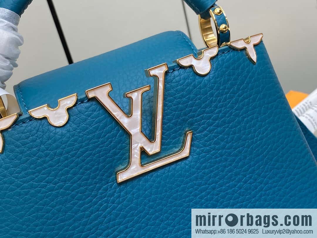 [Boutique‑grade] M23766 blue flower crown, full leather cap, that English series Capucines mini handbag, this Capucines Flower Crown handbag